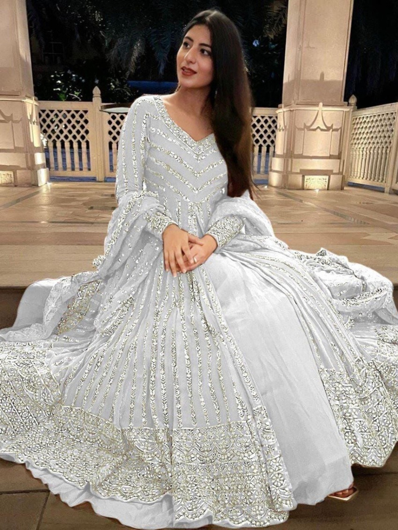 Auhentic White Faux Georgette Lehanga Suit