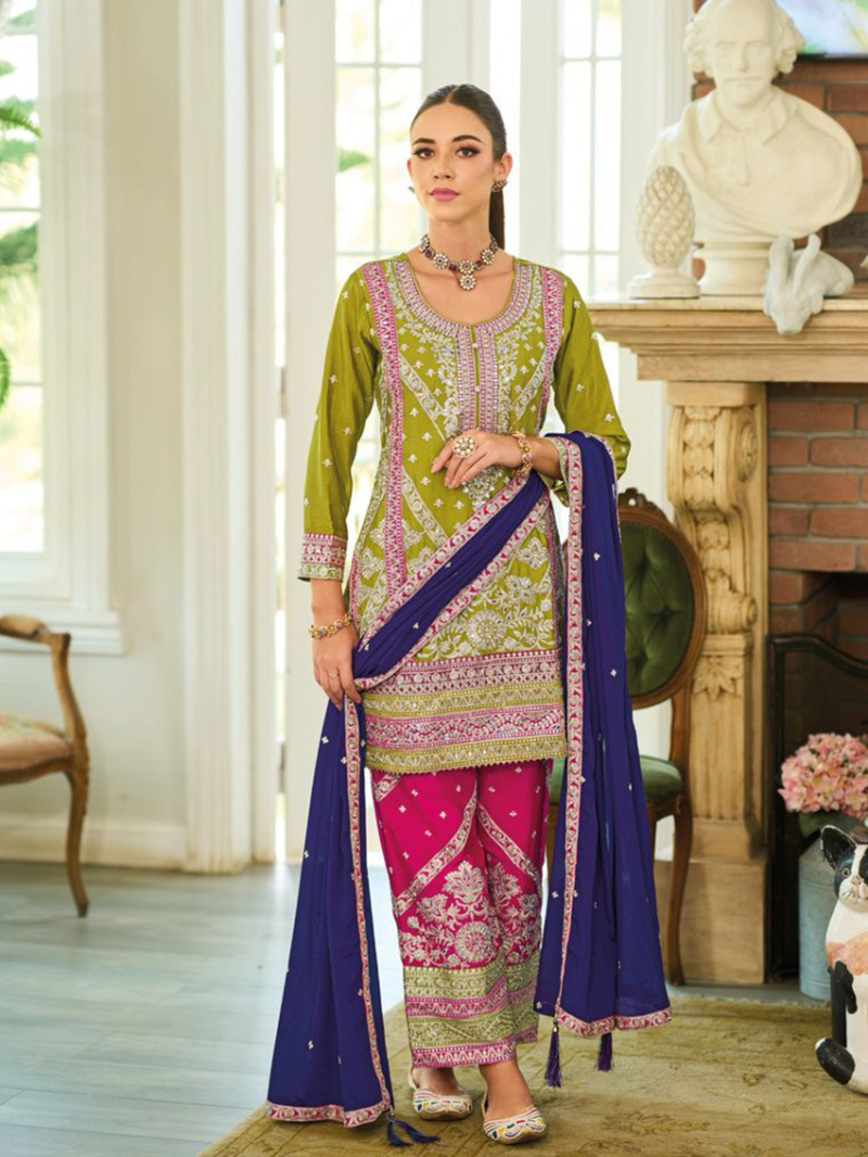 Elegant Ethnic Olive Green Chinnon Silk Sharara Suit