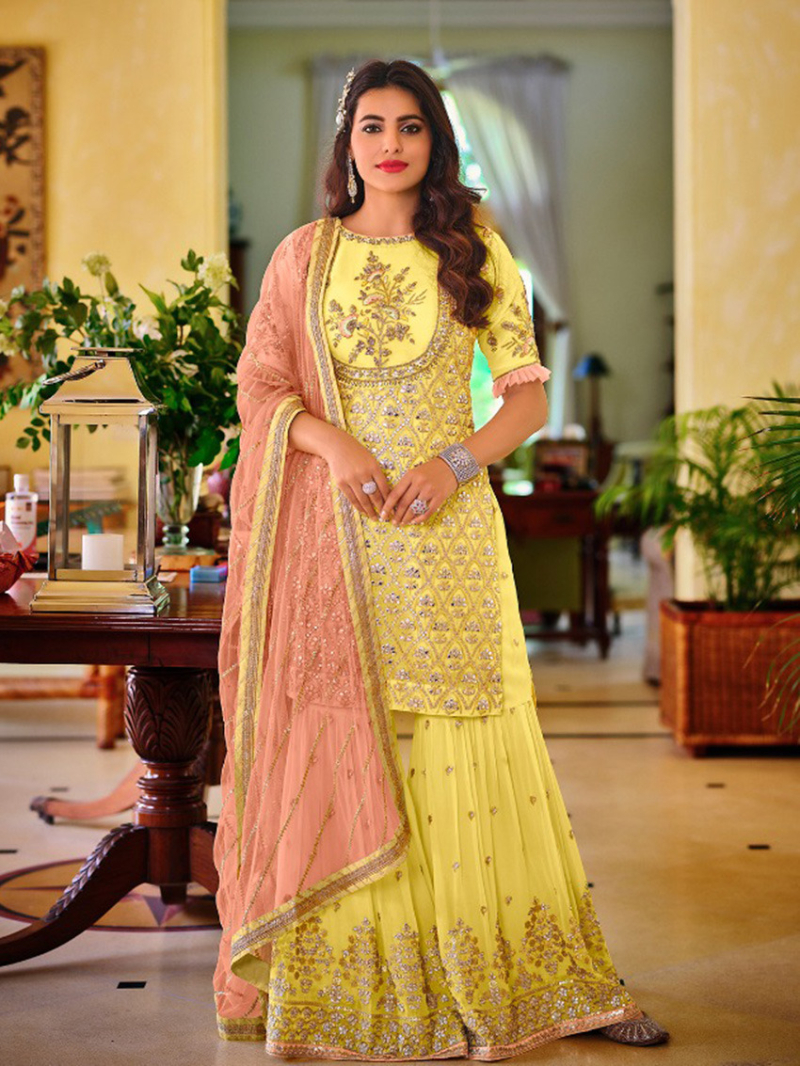 Ethnic Traditional Lemon Yellow  Georgette Sharara Suit