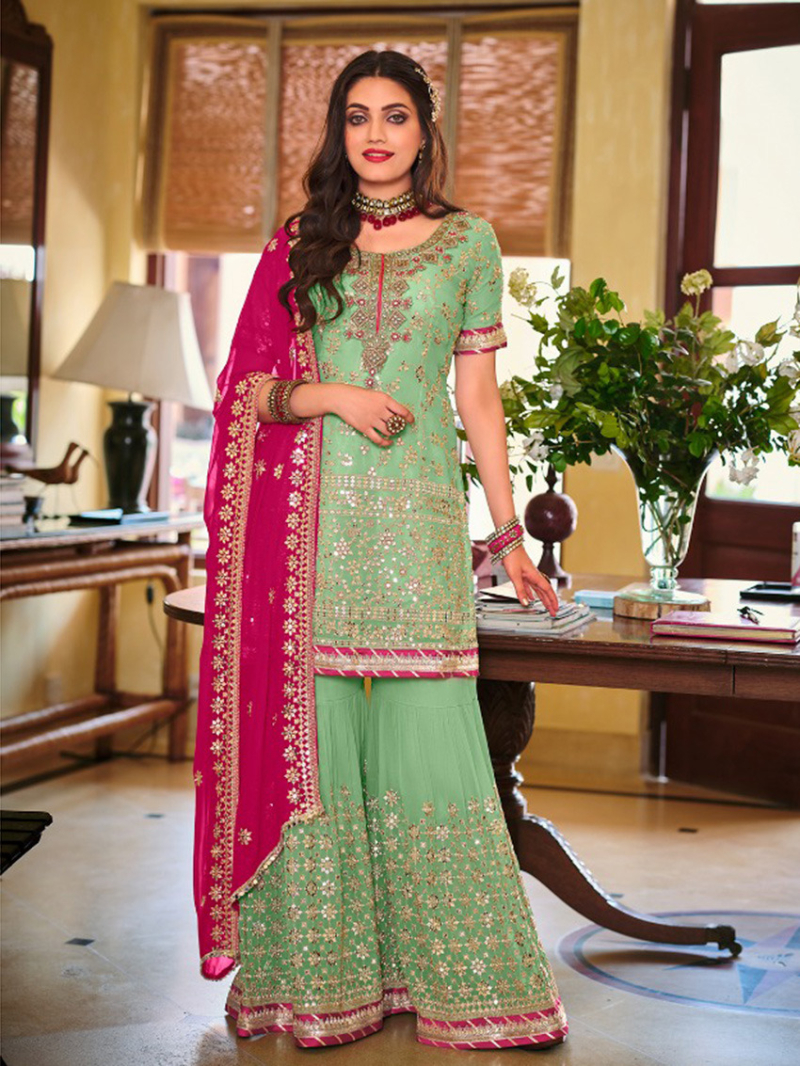 Ethnic Festive Traditional Mint Green Georgette Sharara Suit