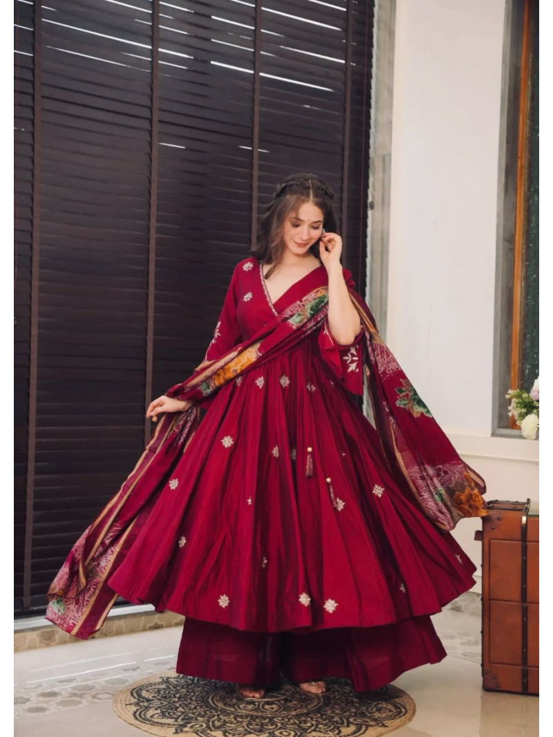 Authentic Ethnic Elegant Maroon Chinnon Silk Plazo Suit