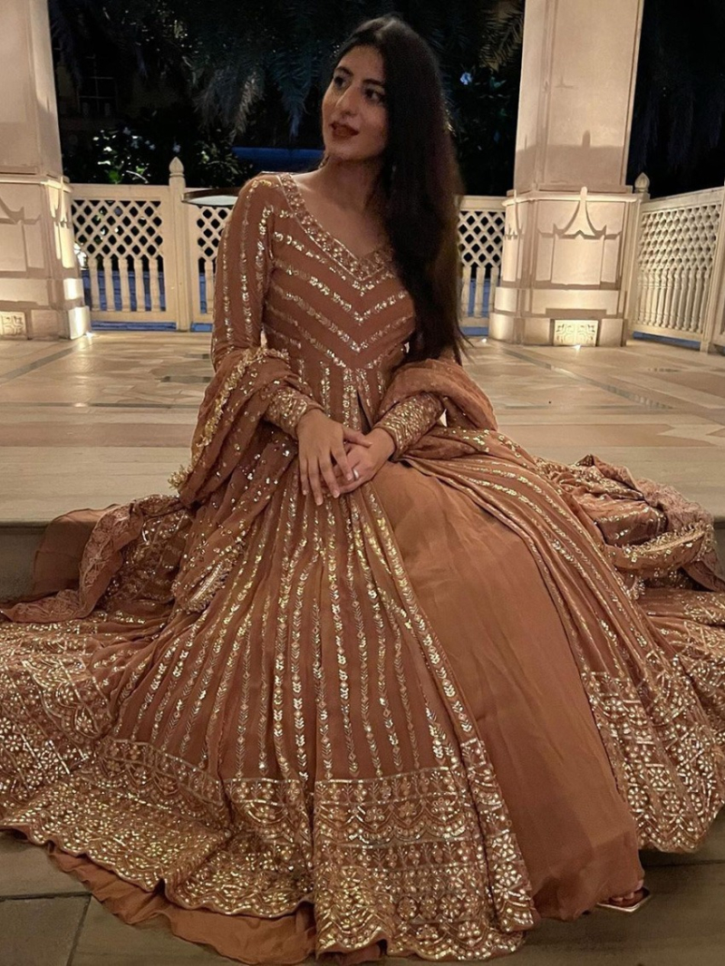 Authentic Brown Faux Geogrette Lehanga  Suit