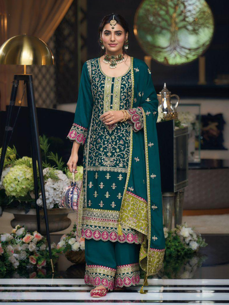 Elegant Ethnic Teal Embroidered Chinnon Plazo Suit 
