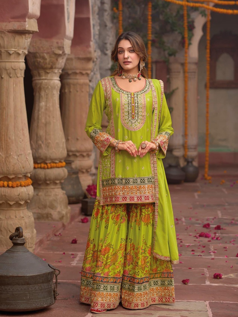 Ethnic Traditional Lime Green Embroidered Sharara Suit