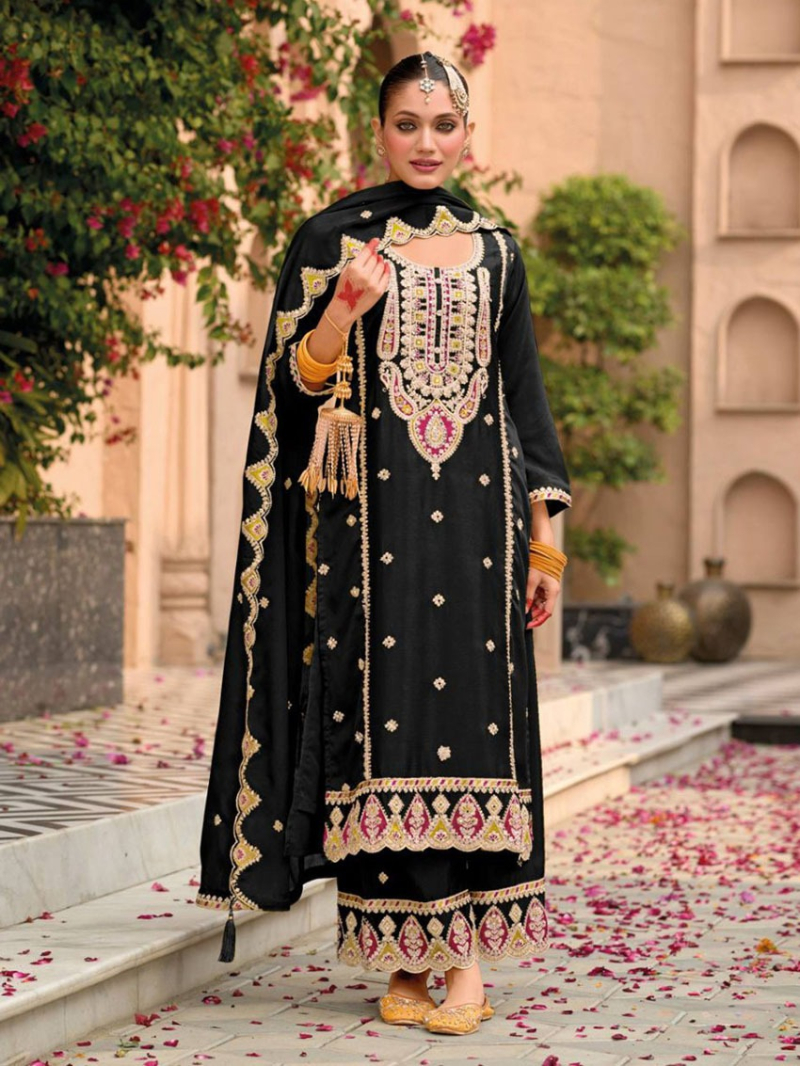 Heavy Traditional Black With Embroidered Plazo Suit