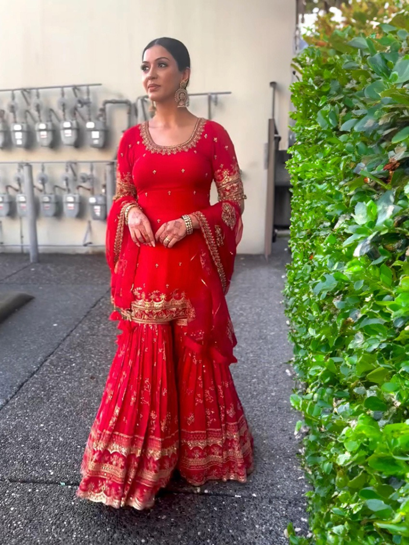 Authentic Red Faux Georgette Sharara Suit 