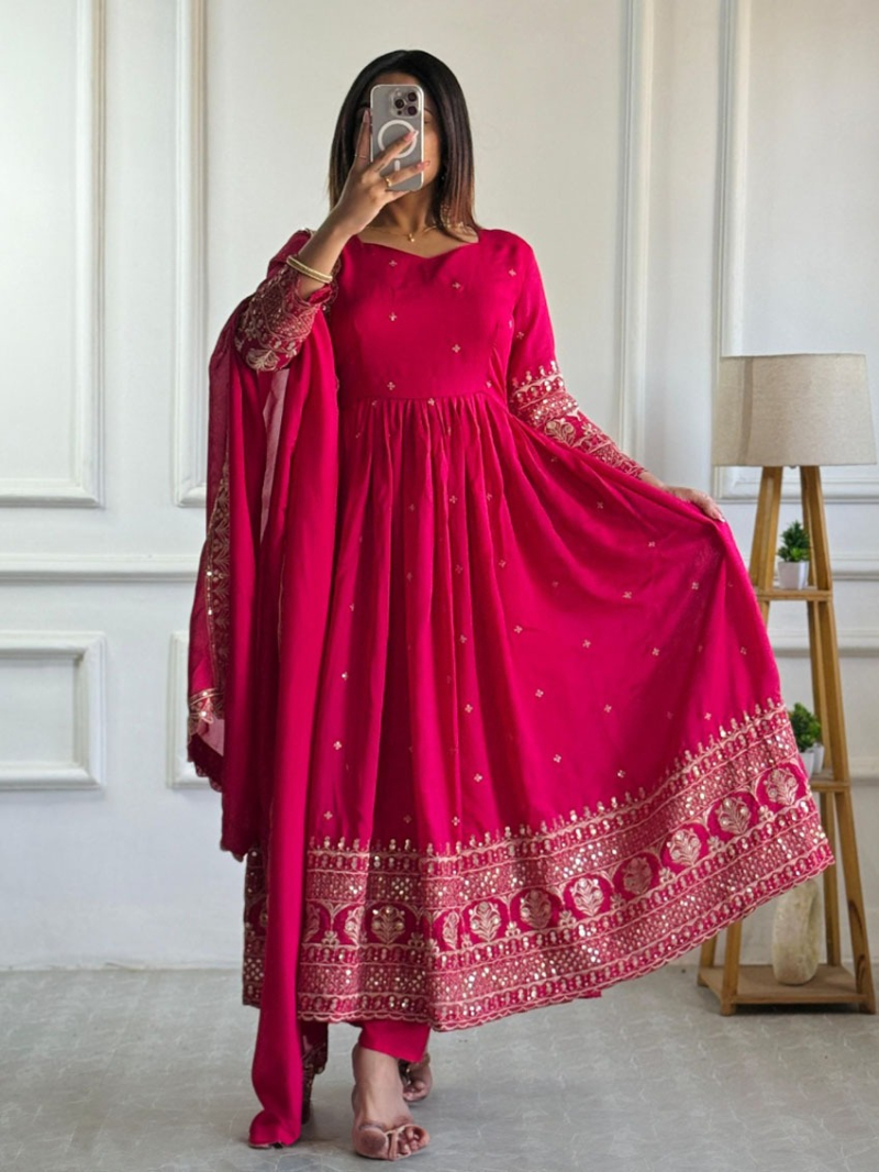 Elegant Festival Rani Pink Vichitra Silk Anarkali Suit