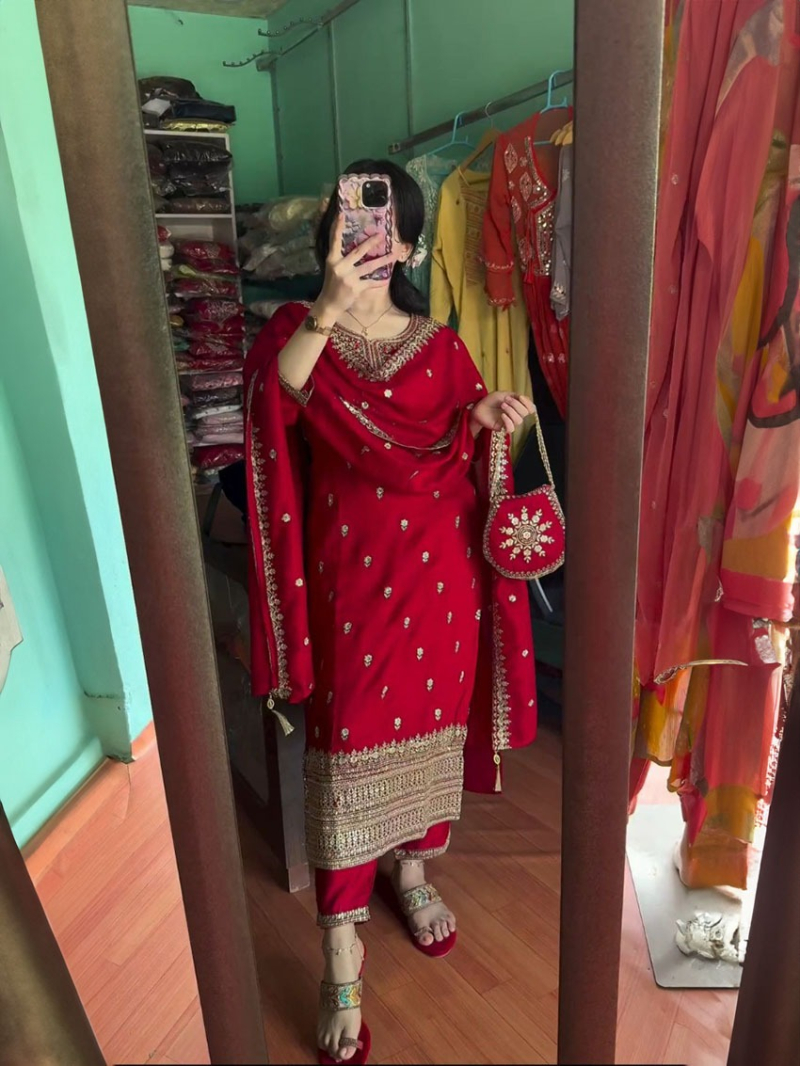 Elegant Festive Rich Red Roman Silk Straight Suit