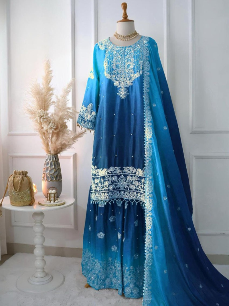 Ethnic Designer Blue Chinnon Embroidered Sharara Suit 