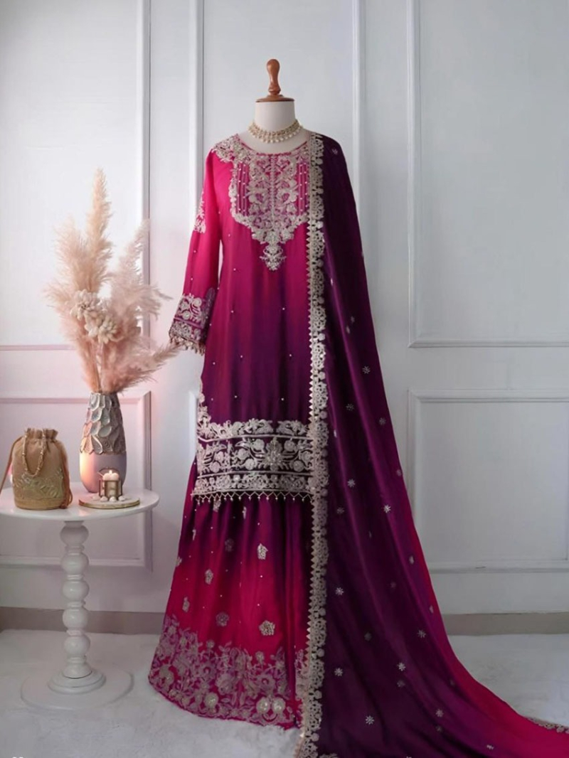 Traditional Ethnic Festive Magenta & Plum Embroidered Sharara Suit