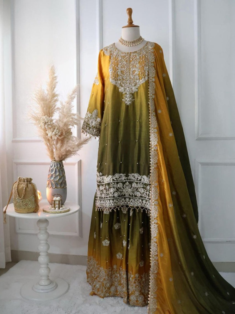 Elegant Ethnic Festive Olive & Mustard Embroidered Sharara Suit