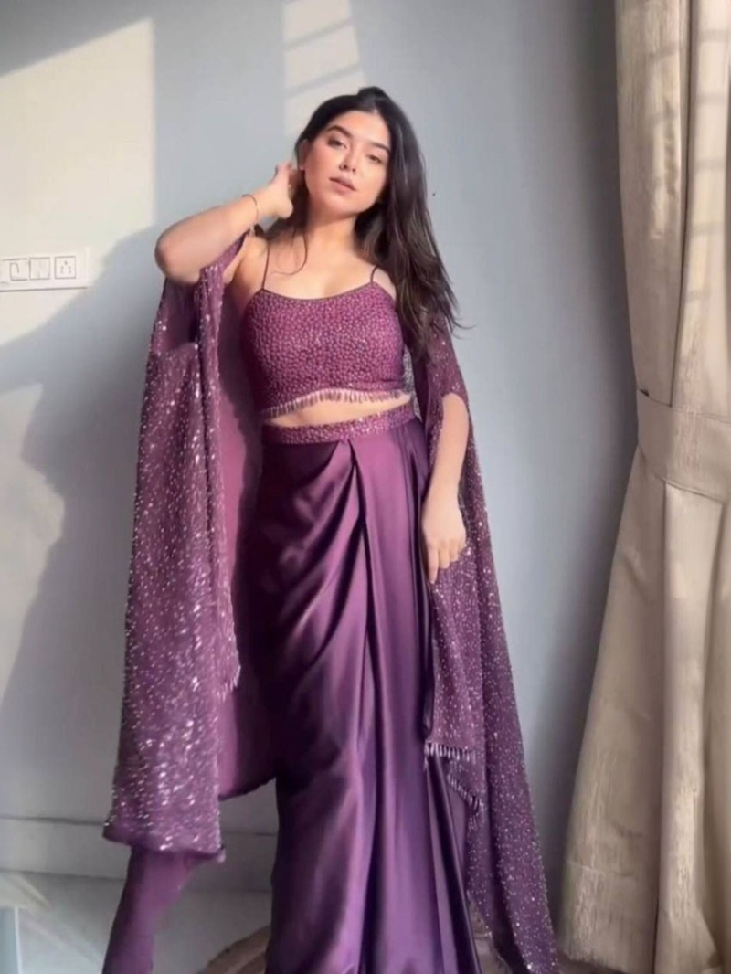Ethnic Designer Draped  Satin Silk Purple Lehanga  Suit