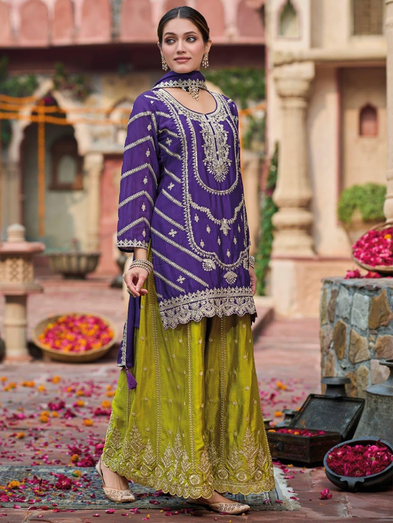 Authentic Elegant Festive Purple Chinnon Silk Plazo Suit