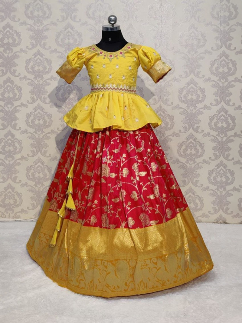 Traditional Ethnic Yellow & Red  Cotton Silk Kids Lehanga Suit