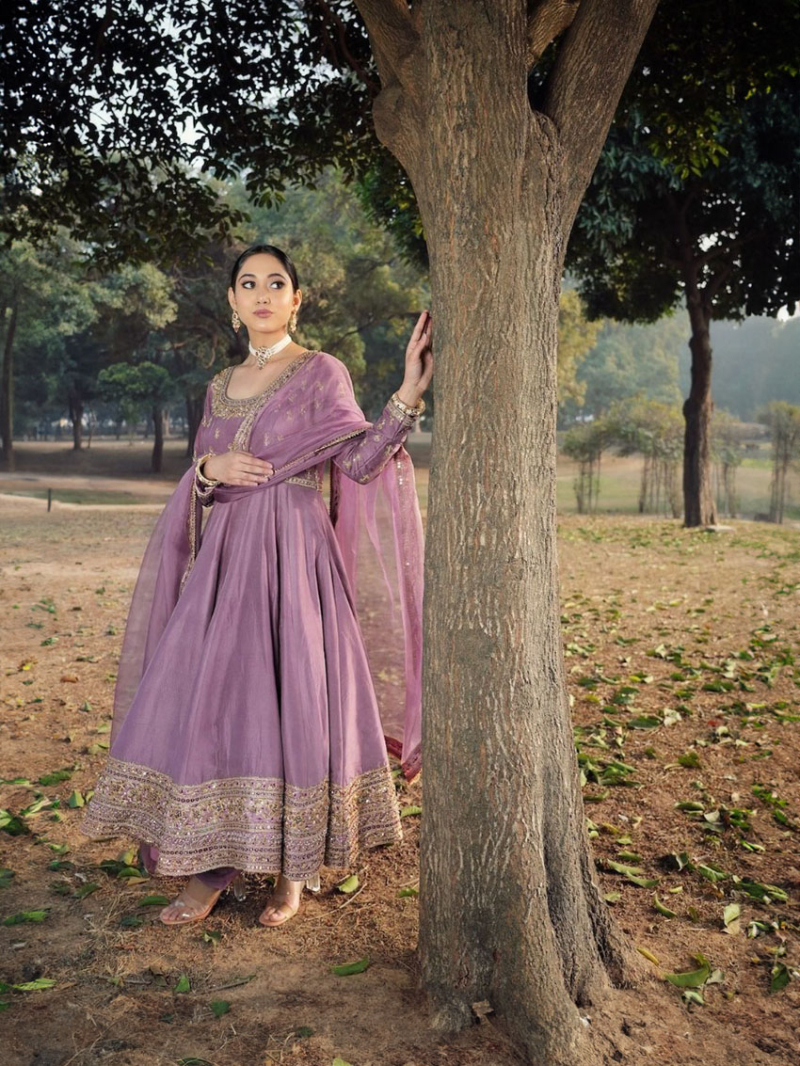 Elegant Traditional Lavender Roman Silk Anarkali Suit