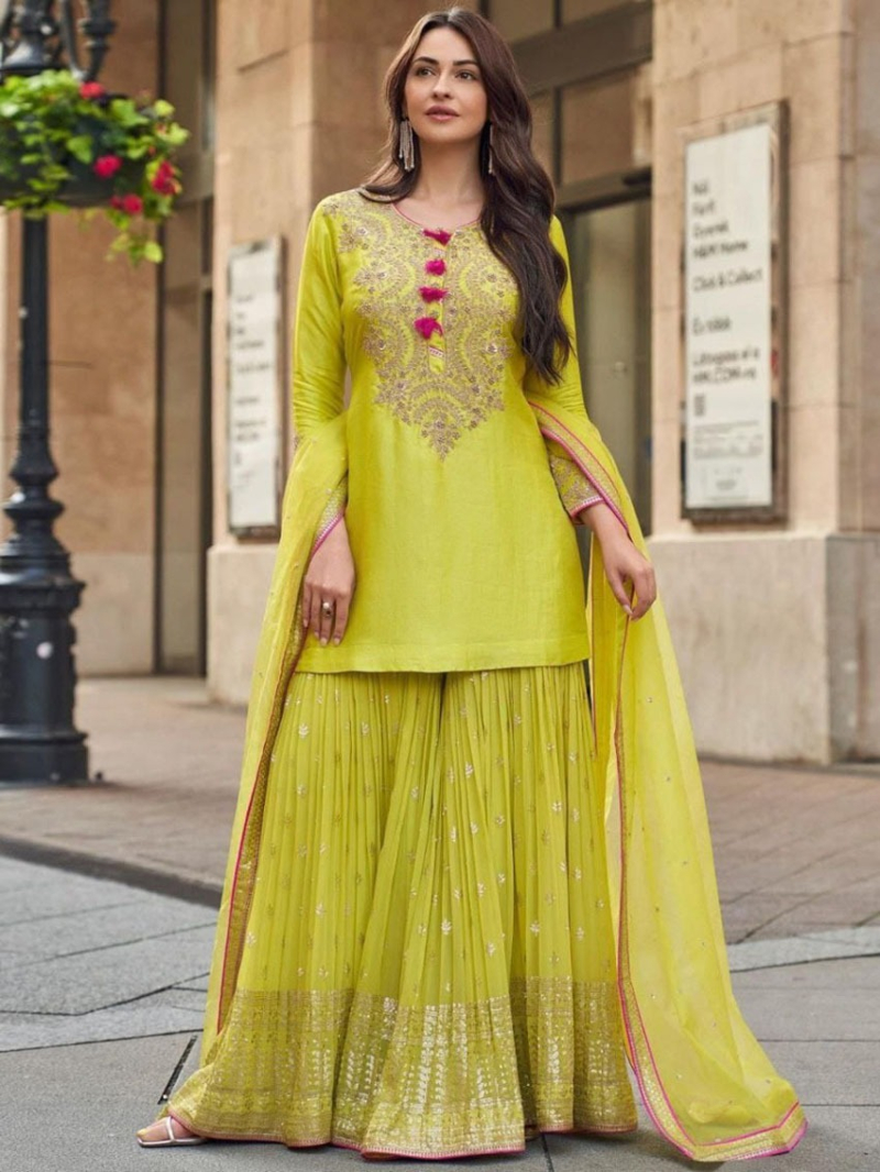 Ethnic Festive Lime Green Georgette Embroidered Plazo Suit