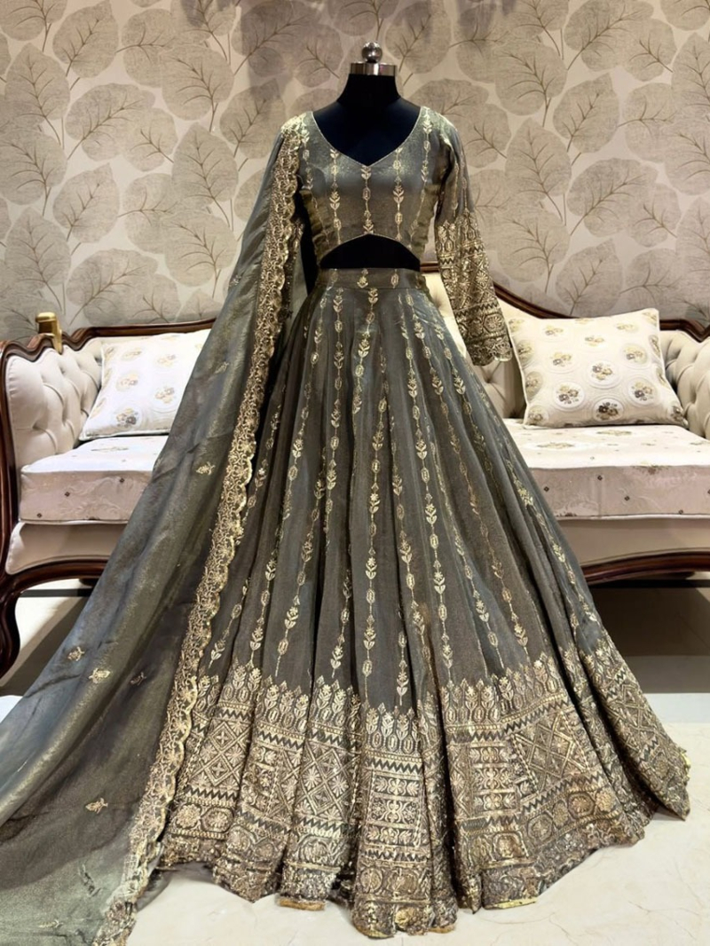 Bridal Wear Heavy Star Georgette Embroidered Grey Lehanga Suit