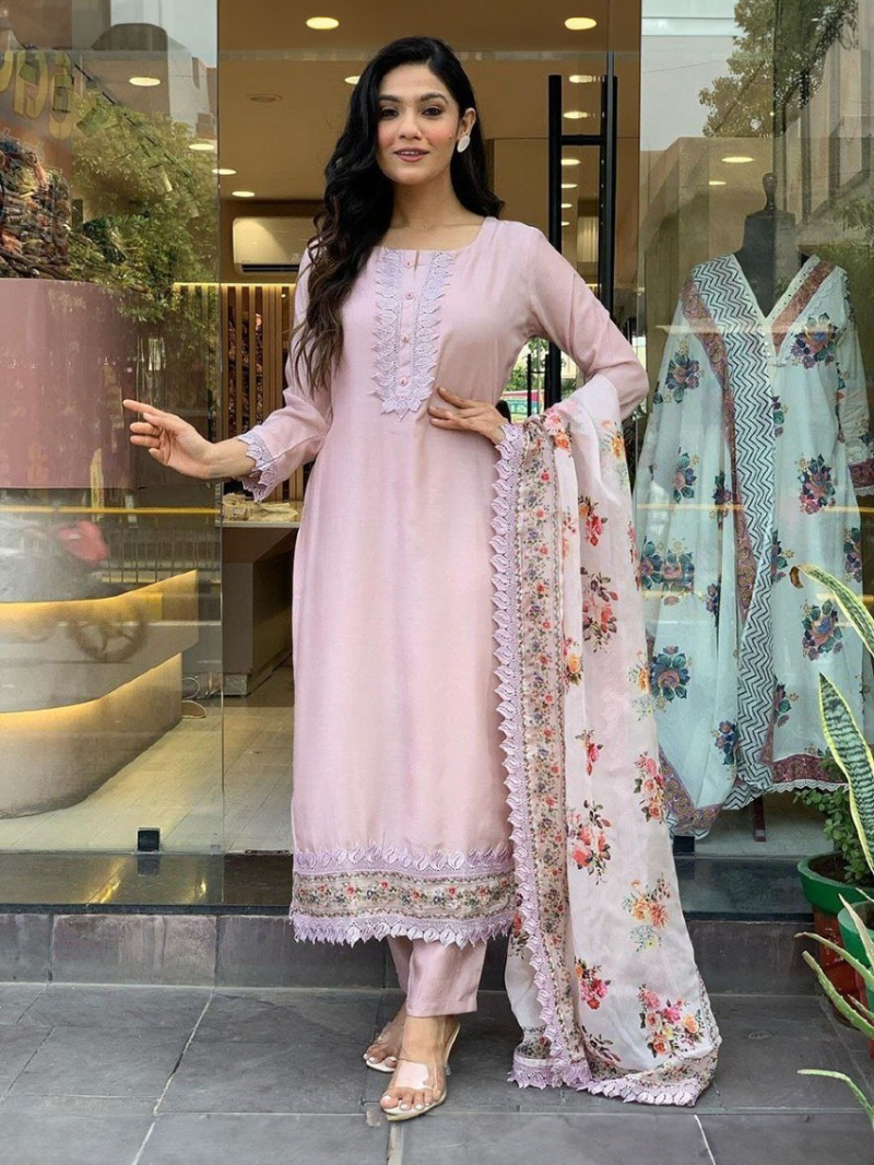 Authentic Elegant Ethnic Light Pink Roman Silk Straight Suit