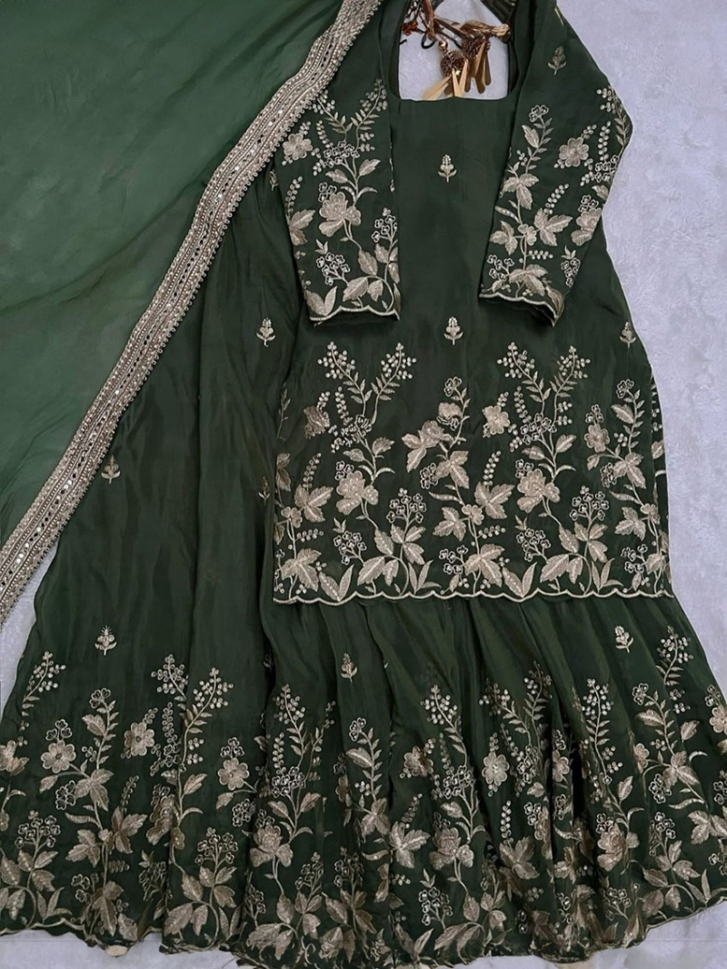 Authentic Elegant Traditional Mehndi Green Chinnon Silk Sharara Suit