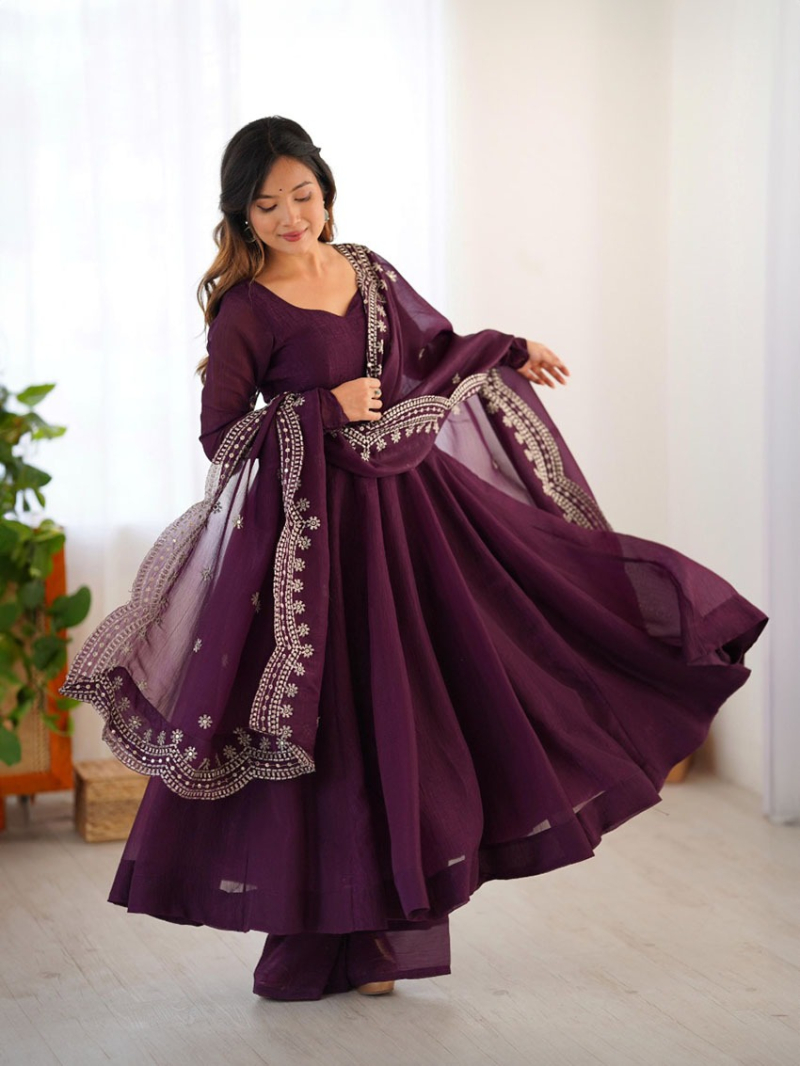 Elegant Ethnic Festive Wine Fancy Silk Anarkali Suit