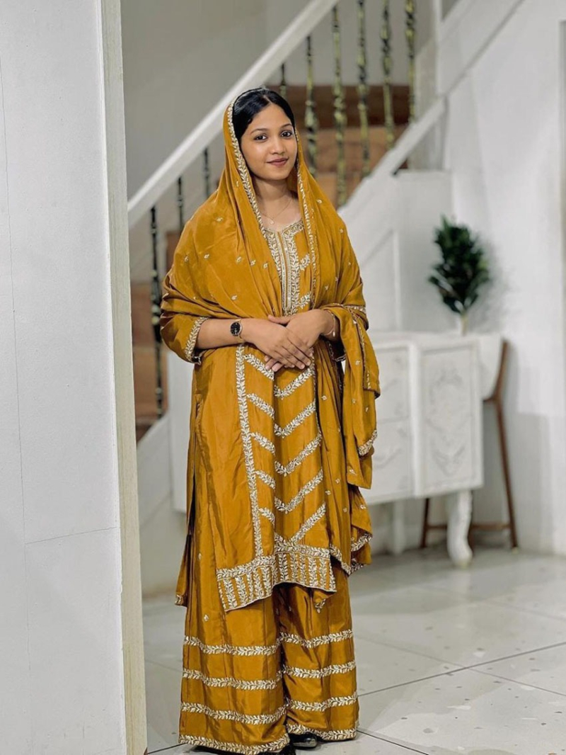 Authentic Traditional Festive Mustard Chinnon Silk Plazo Suit