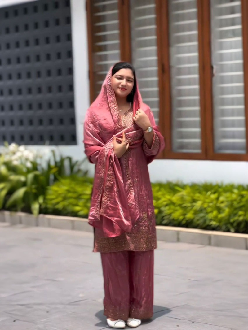 Elegant Traditional Festive Rose Gold Chinnon Silk Plazo Suit