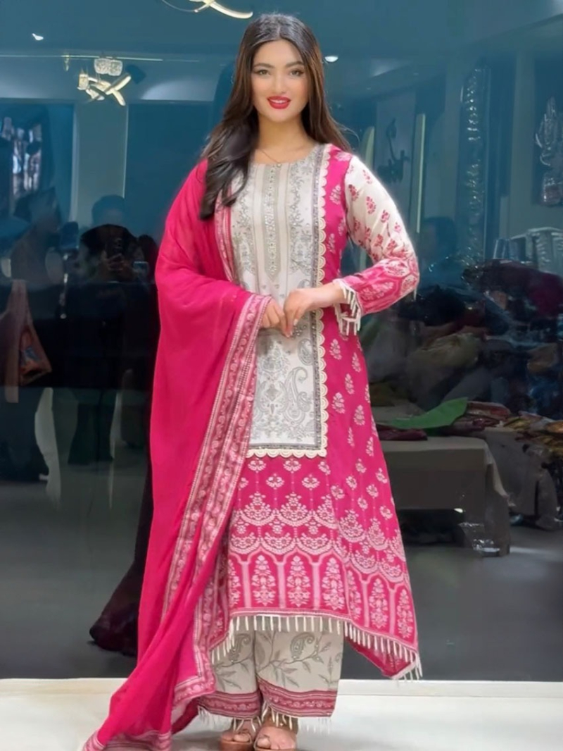 Traditional Festive Ethnic Rani Pink Chinnon Silk Plazo Suit