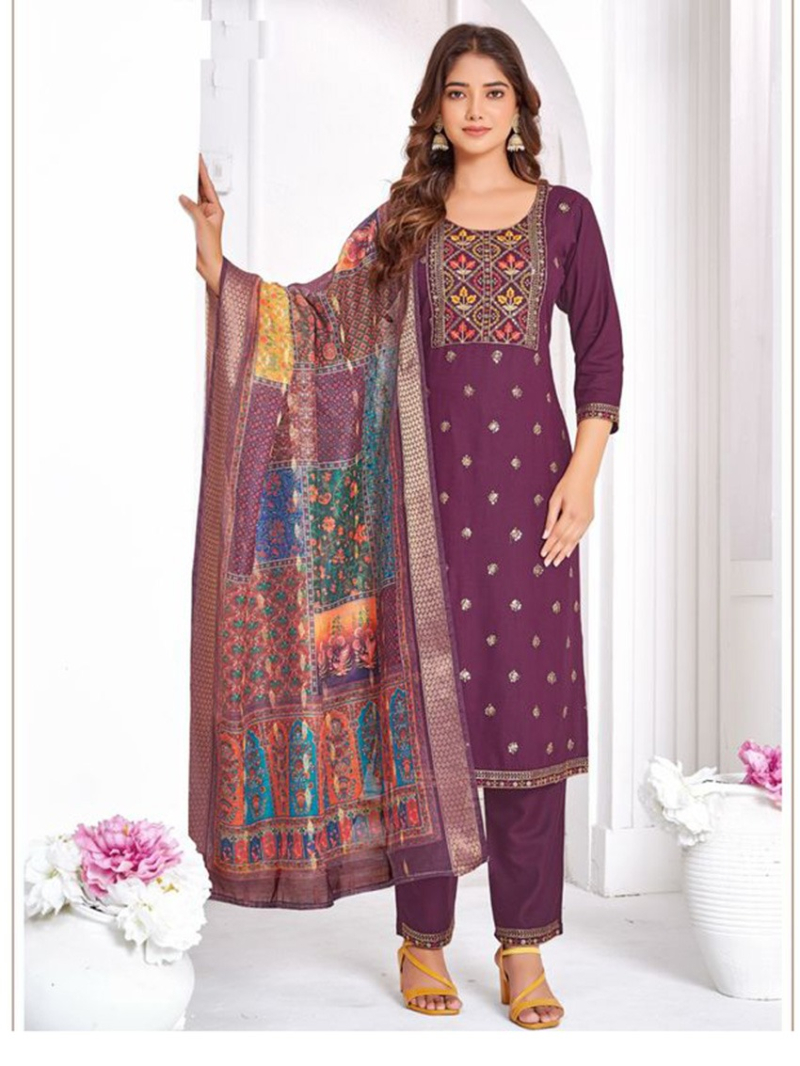 Elegant Casual Wine Embroidered Wine Rayon Straight Suit