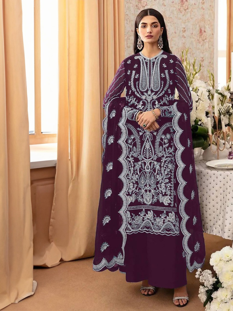 Elegant Traditional Wine Faux Georgette Pakistani Plazo Suit