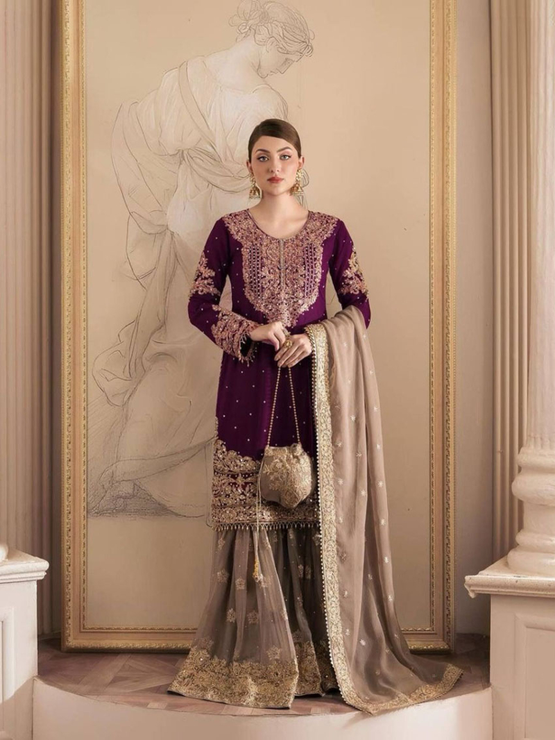 Ethnic Elegant Festive Wine Faux Georgette Embroidered Sharara Suit