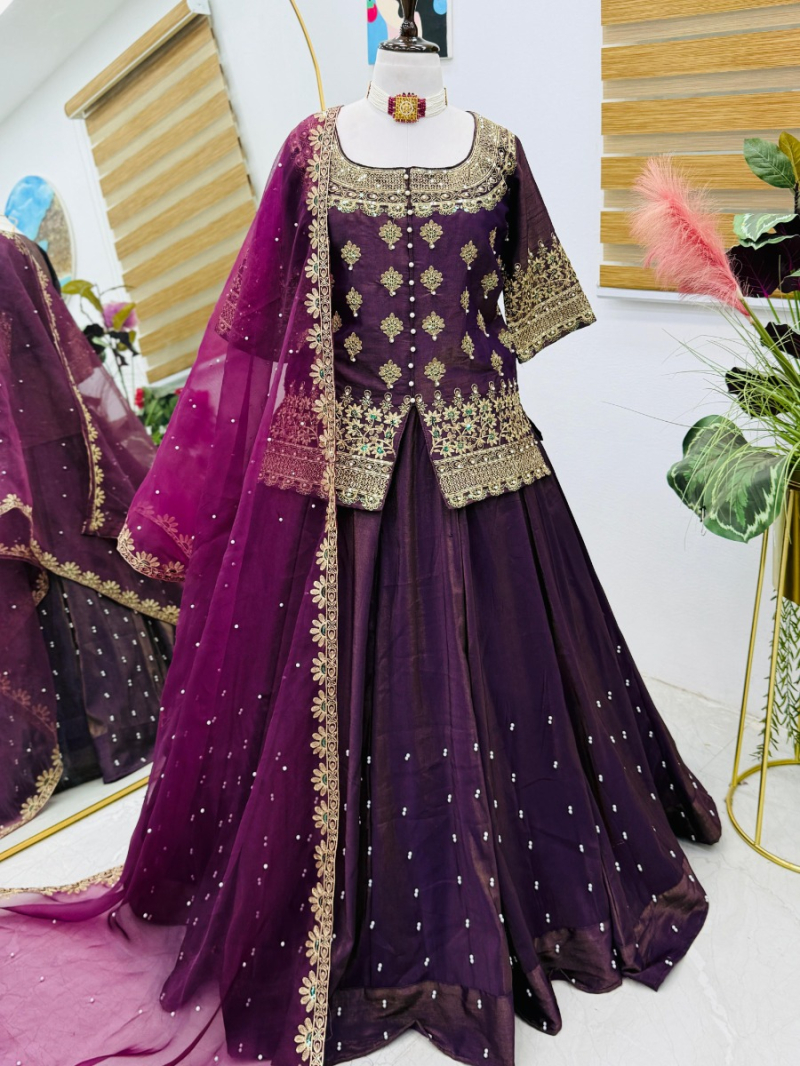 Elegant Festive Dark Purple Shimmer Silk Lehanga Suit