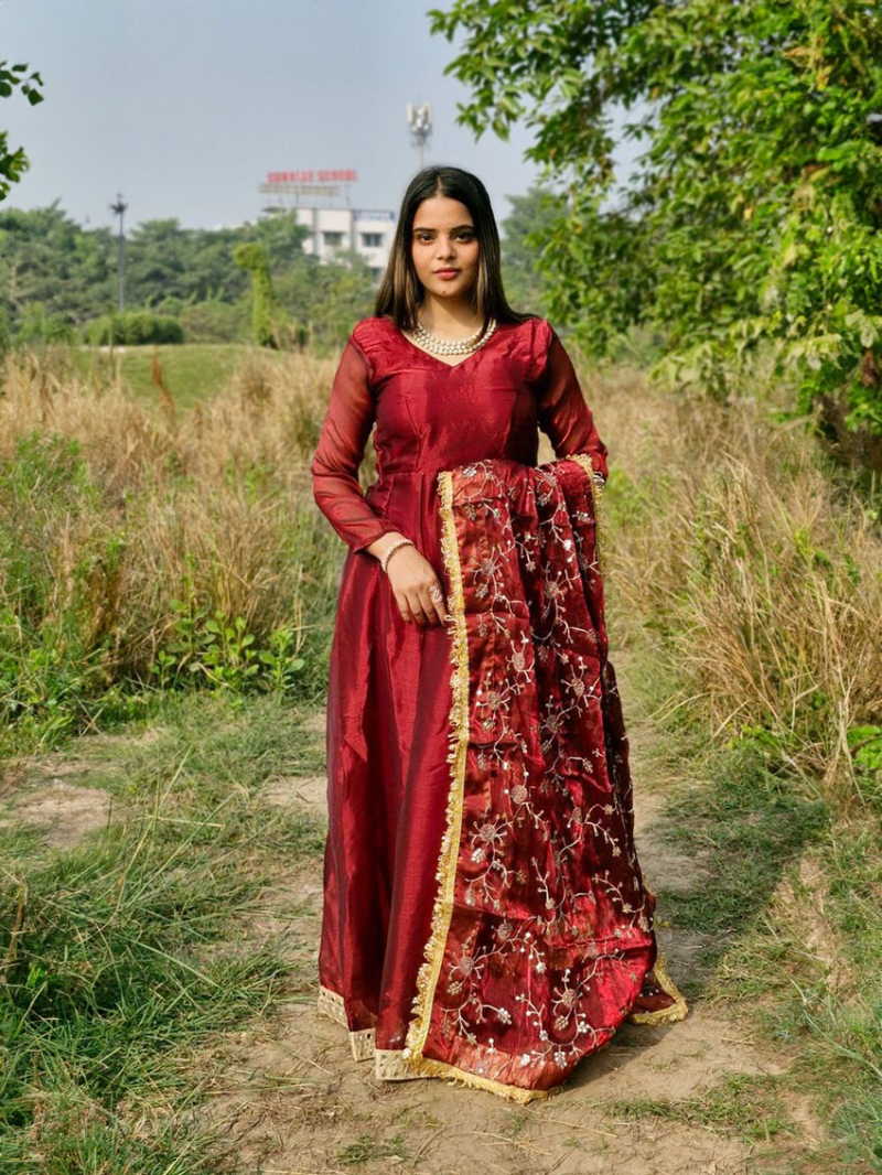 Ethnic Festive Traditional Maroon Burberry Silk Anarkali Suit