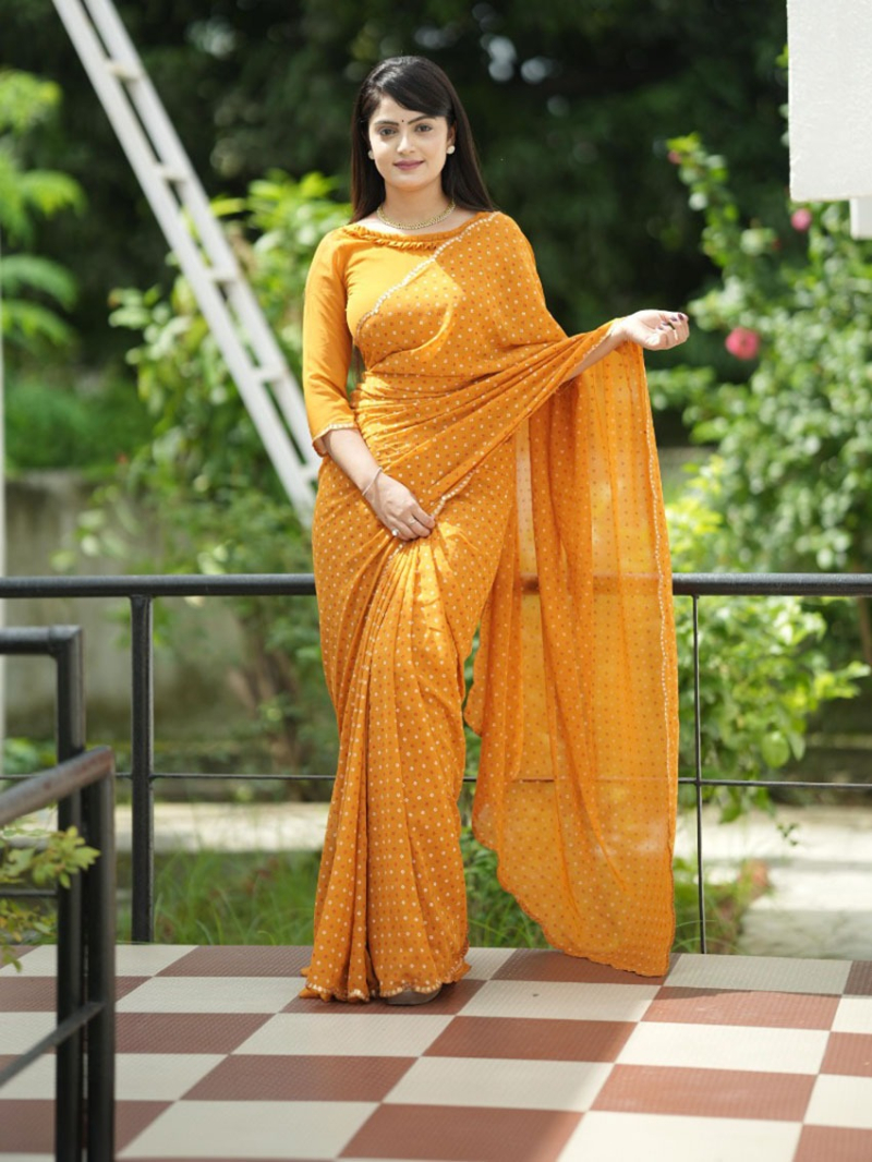 Traditional Ethnic Festive Mustard Yellow Viscose Georgette Saree