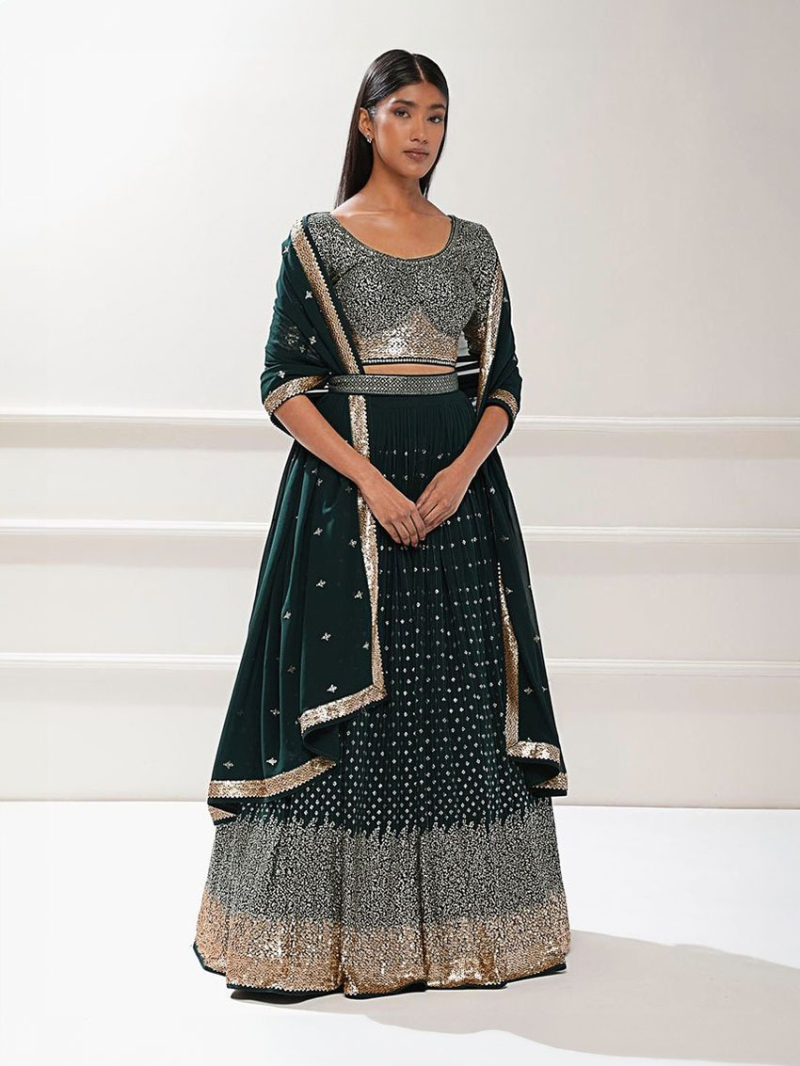 Designer Traditional Ethnic Peacock Green Georgette Lehanga Suit