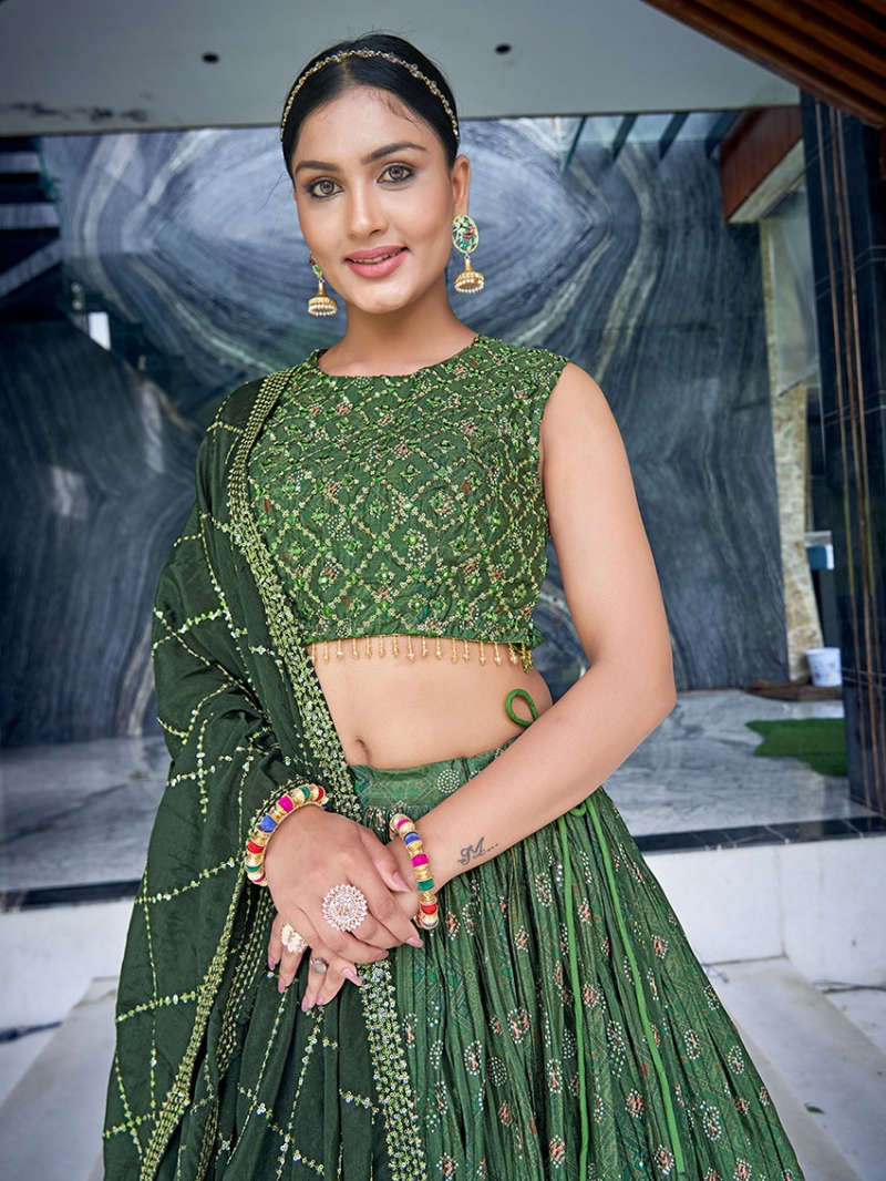 Elegant Traditional Ethnic Light Mehndi Green Chinnon Silk Lehanga suit