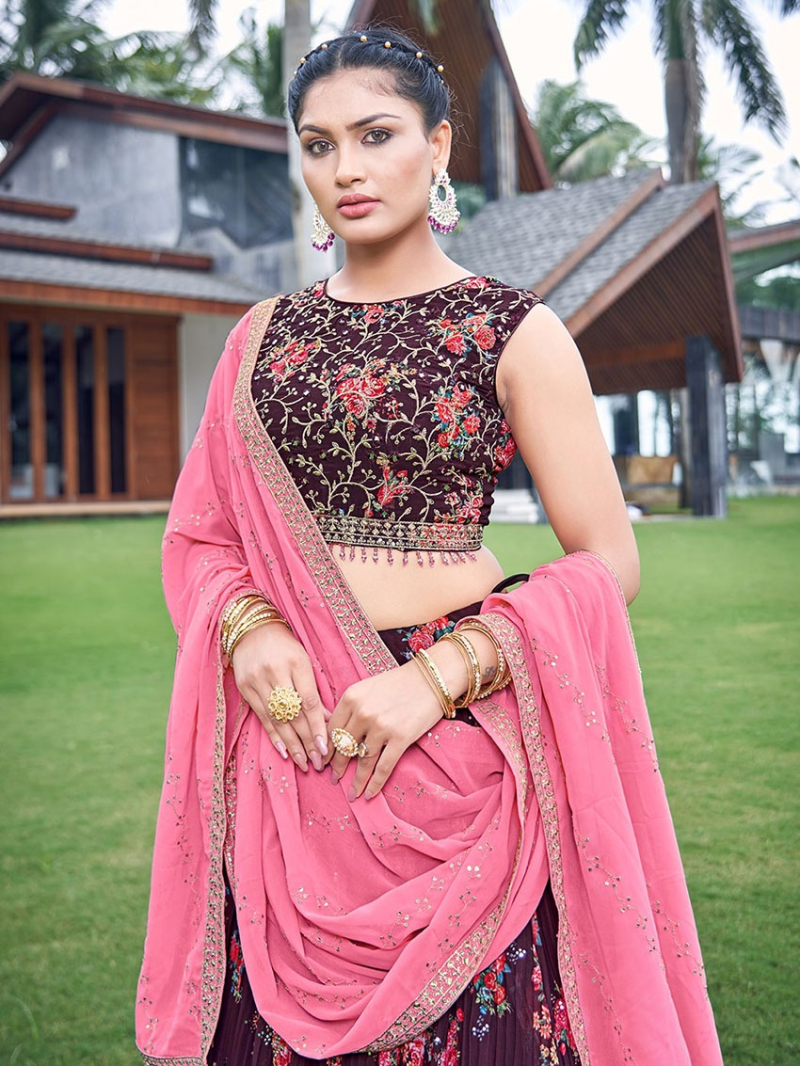 Festive Traditional Ethnic Dark Maroon Georgette Lehanga Suit