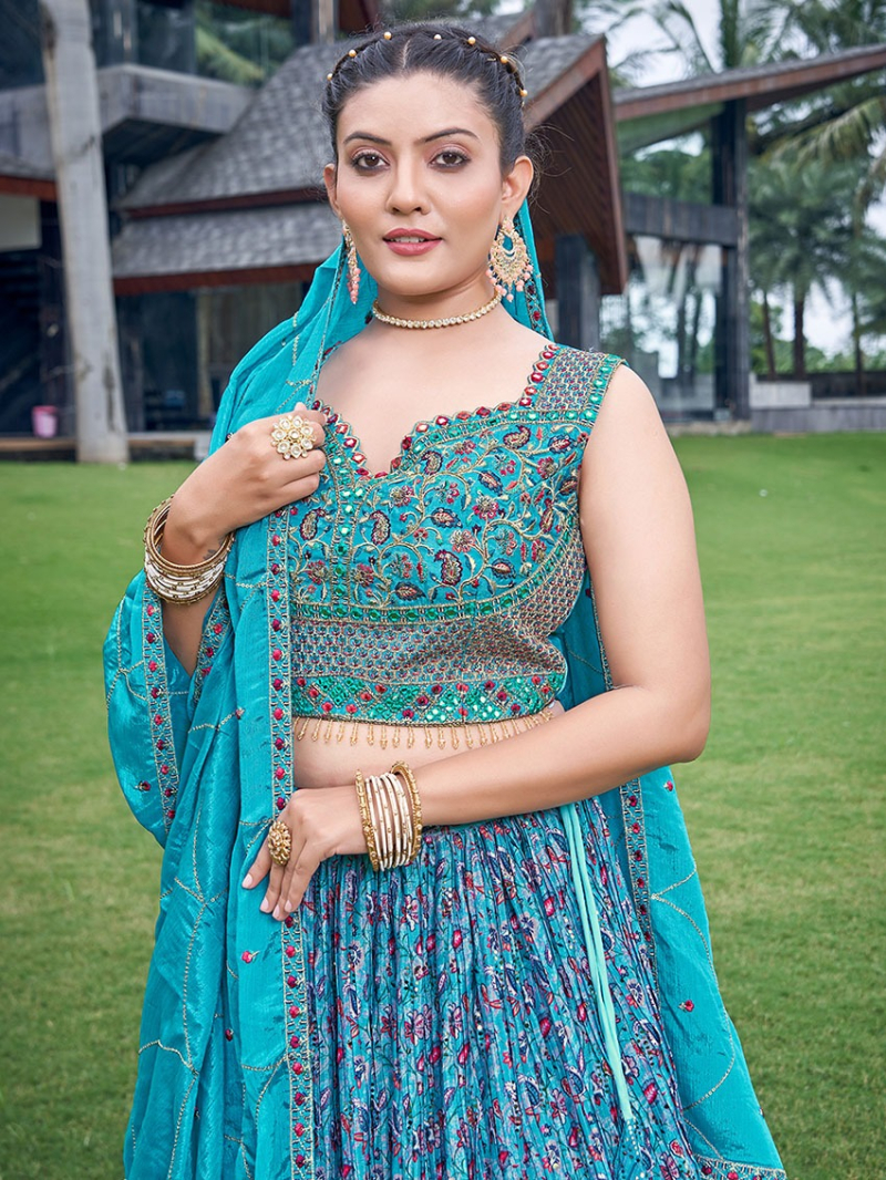Ethnic Festive Traditional Sky Blue Chinnon Silk Lehanga Suit