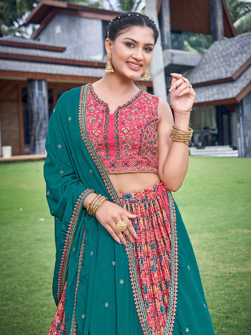 Ethnic Elegant Festive Traditional Red Pink Chinnon Silk Lehanga Suit