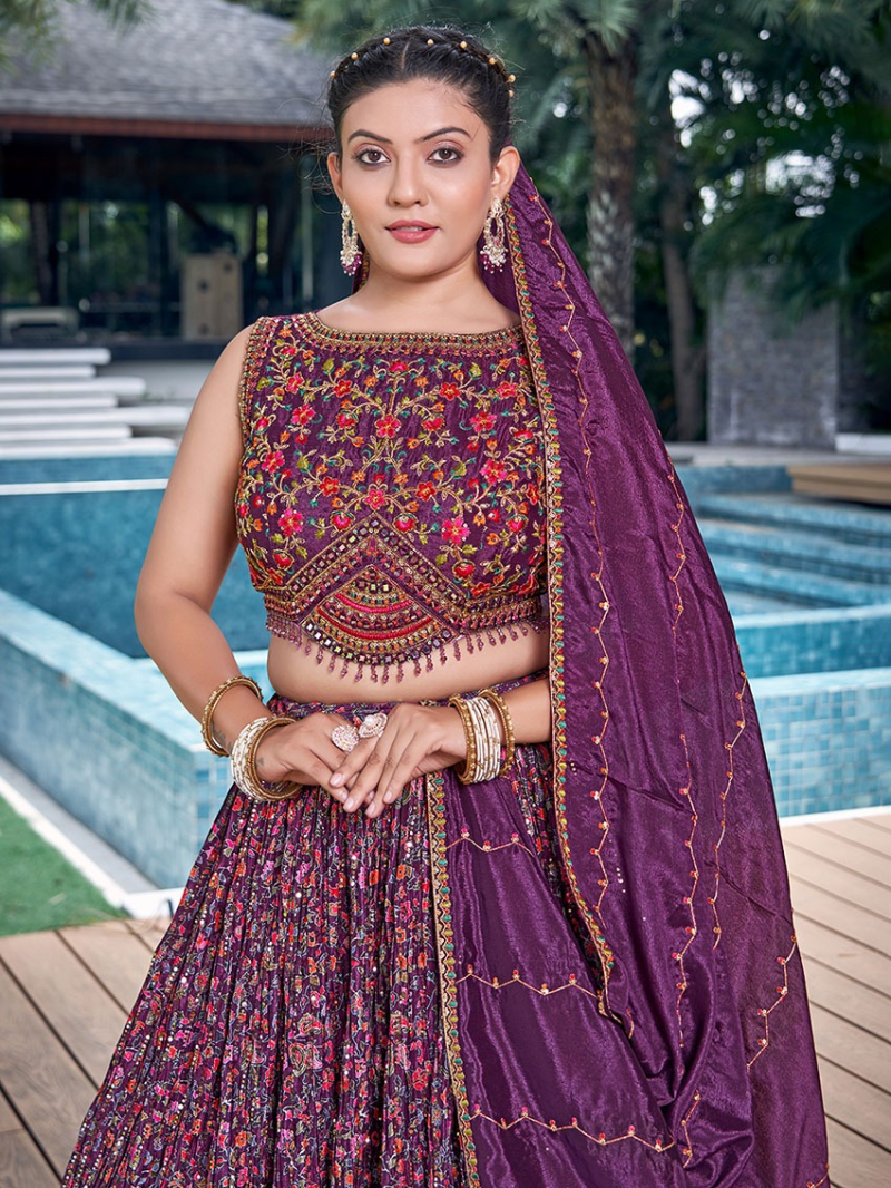 Traditional Ethnic Festive Elegant Deep Purple Chinnon Silk Lehanga Suit