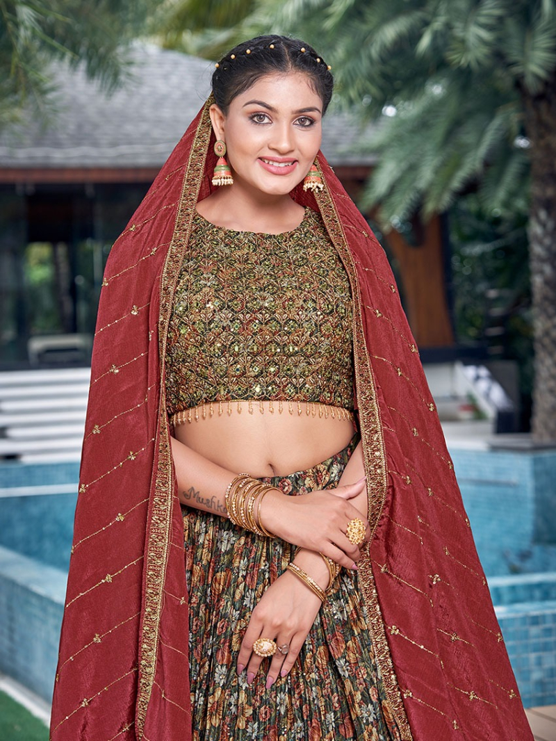 Ethnic Elegant Traditional Festive Light Mehndi Green Chinnon Silk Lehanga Suit
