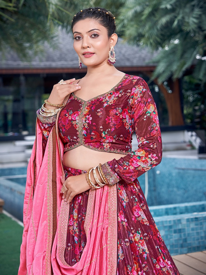 Elegant Festive Traditional Maroon Chinnon Silk Lehanga Suit