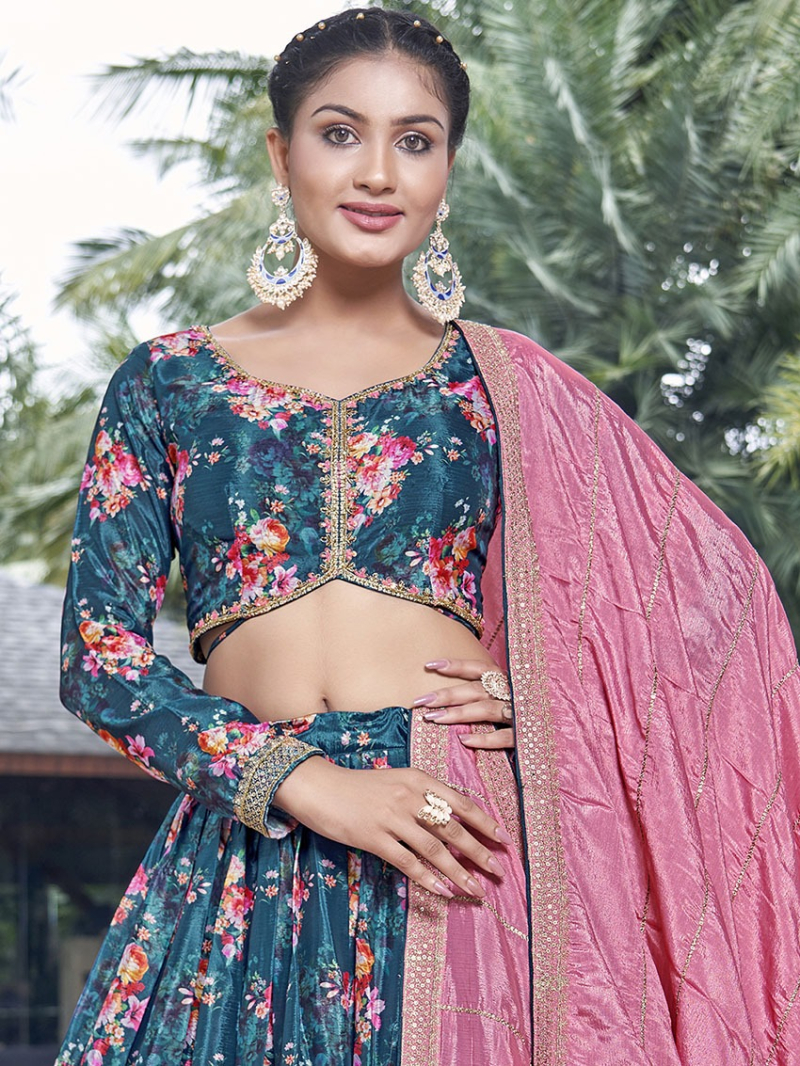 Authentic Elegant Festive Peacock Blue Chinnon Silk Lehanga Suit