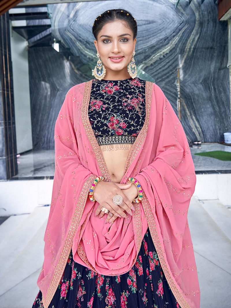 Elegant Ethnic Traditional Festive  Navy Blue Georgette Lehanga Suit