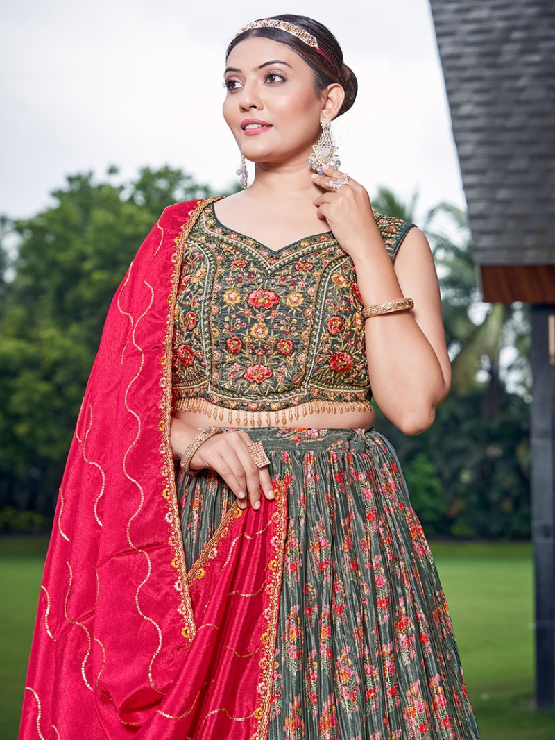 Authentic Traditional Festive Ethnic Grey Chinnon Silk Lehanga Suit