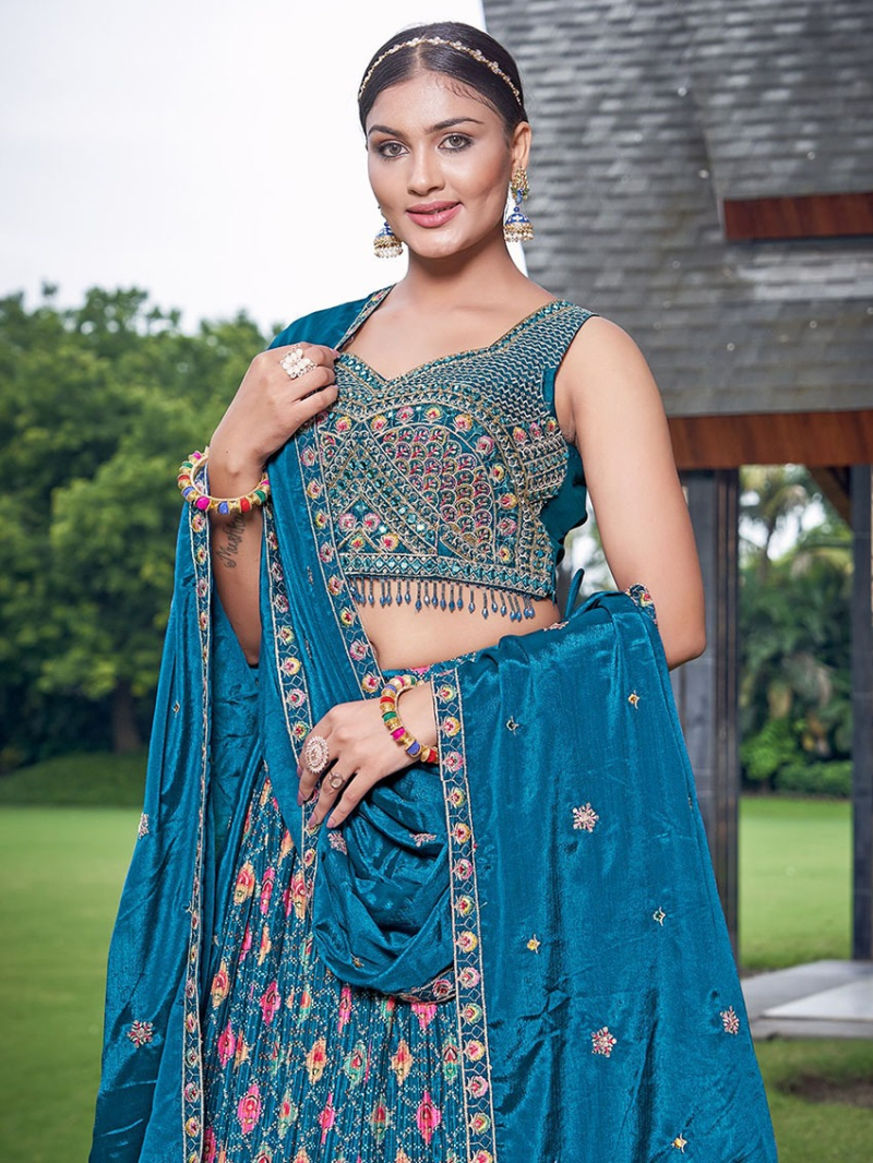 Elegant Festive Ethnic Traditional Peacock Blue Chinnon Silk Lehanga Suit