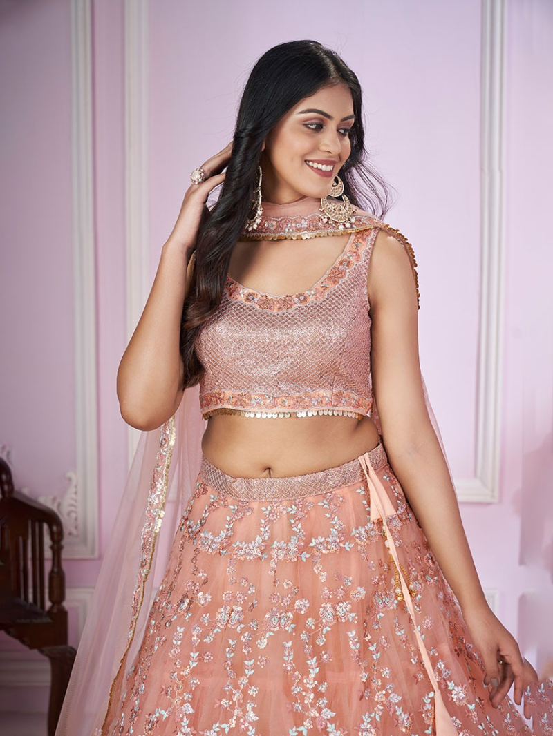 Authentic Elegant Ethnic Traditional  Peach Pink Soft Net Lehanga Suit