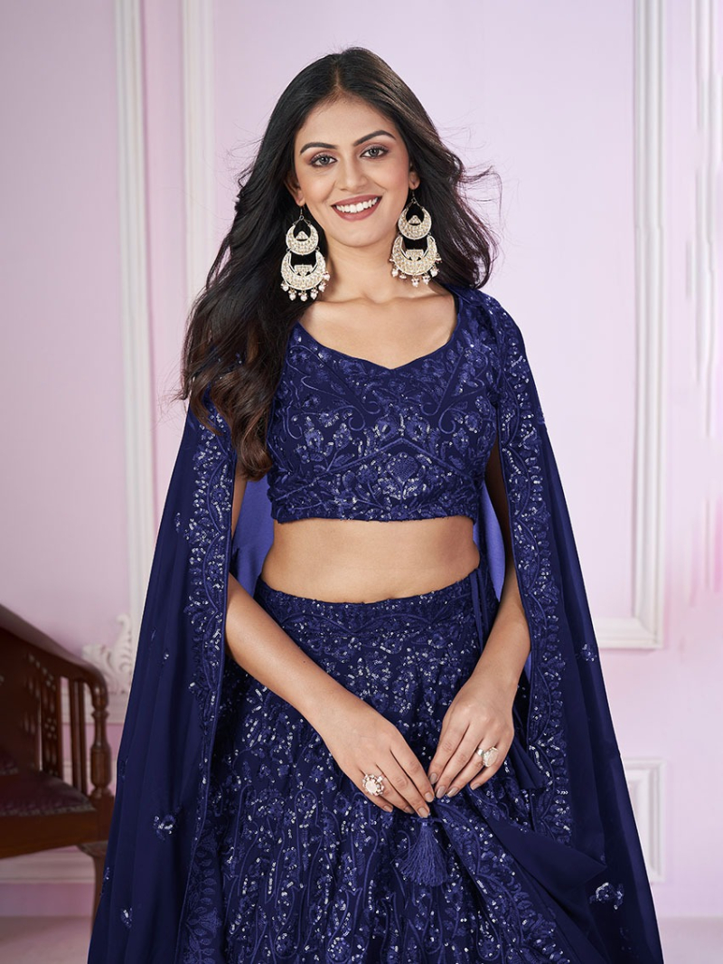 Elegant Designer Festive Ethnic Indigo Blue Georgette Lehanga Suit