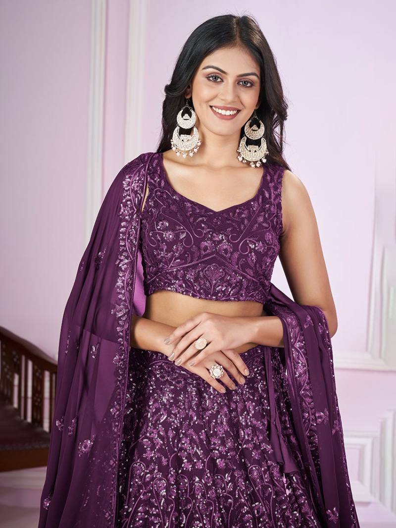 Ethnic Elegant Designer Festive Spanish Purple Georgette Lehanga Suit