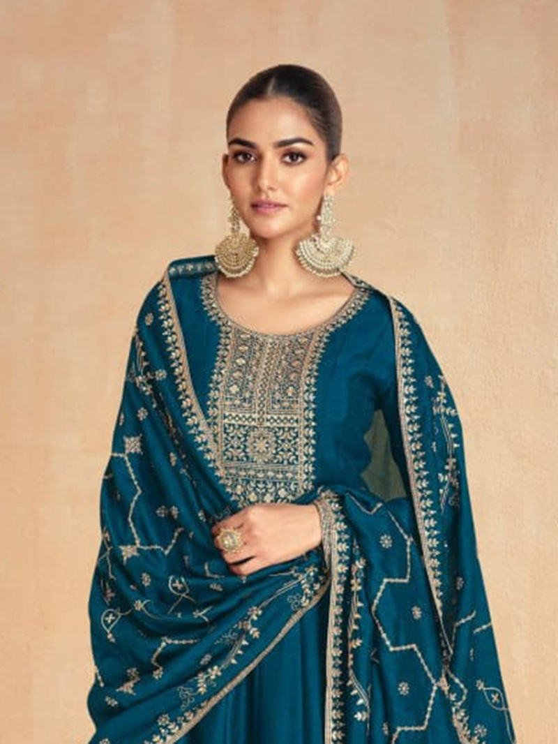 Elegant Traditional  Teal Blue Premium Silk Anarkali Suit