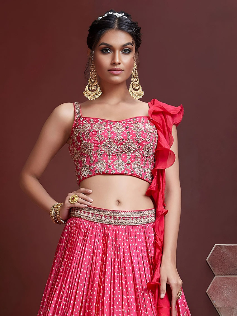 Authentic Elegant Festive Traditional Rani Pink Chinnon Silk Lehanga Suit
